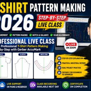 Professional T-Shirt Pattern Making Course 2026 showing T-Shirt CAD pattern development, front, back and sleeve pattern making.